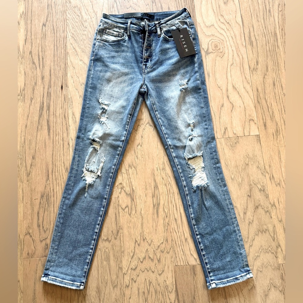 NWT Risen Straight Distressed Denim Jeans 5